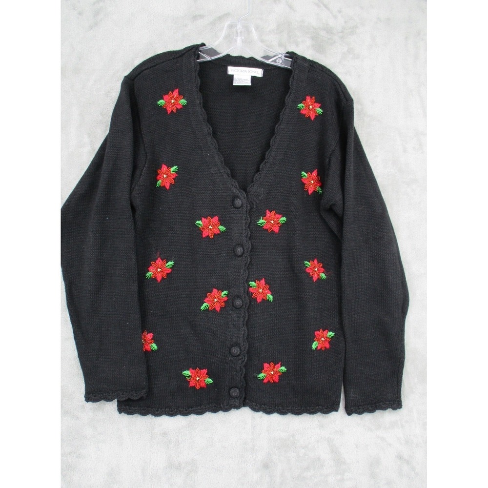Vintage Victoria Jones Sweater Womens Size M Poinsettia Beaded Christmas Holiday